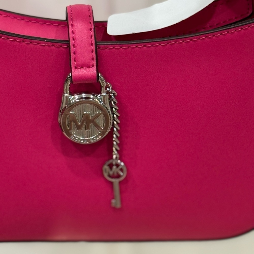 Michael Kors Lyra Small Leather Pouchette Dragonfruit Pink Silver Charm Purse - Picture 6 of 15